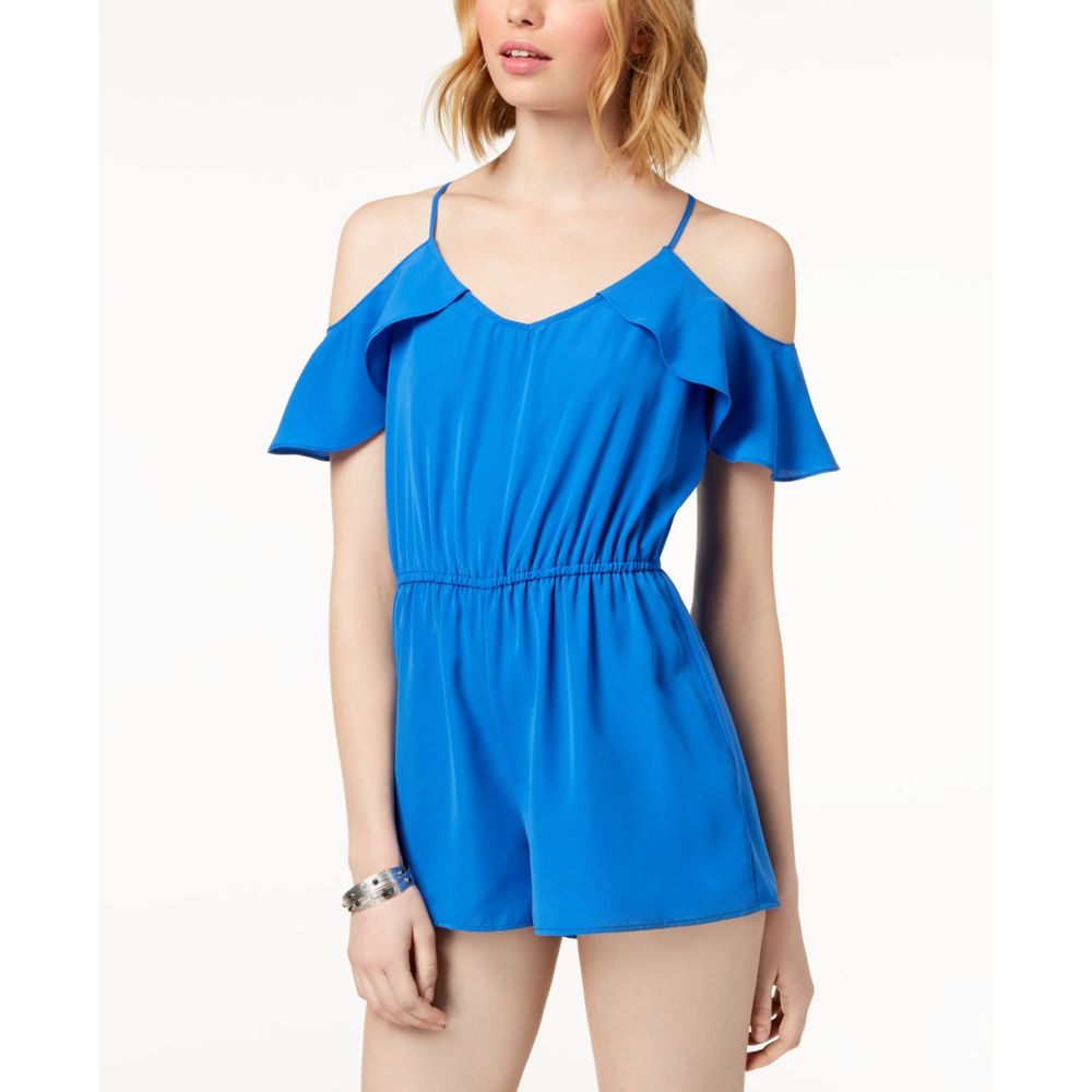 Be Bop Womens French Blue Sleeveless Ruffled Solid Romper,French Blue,Medium